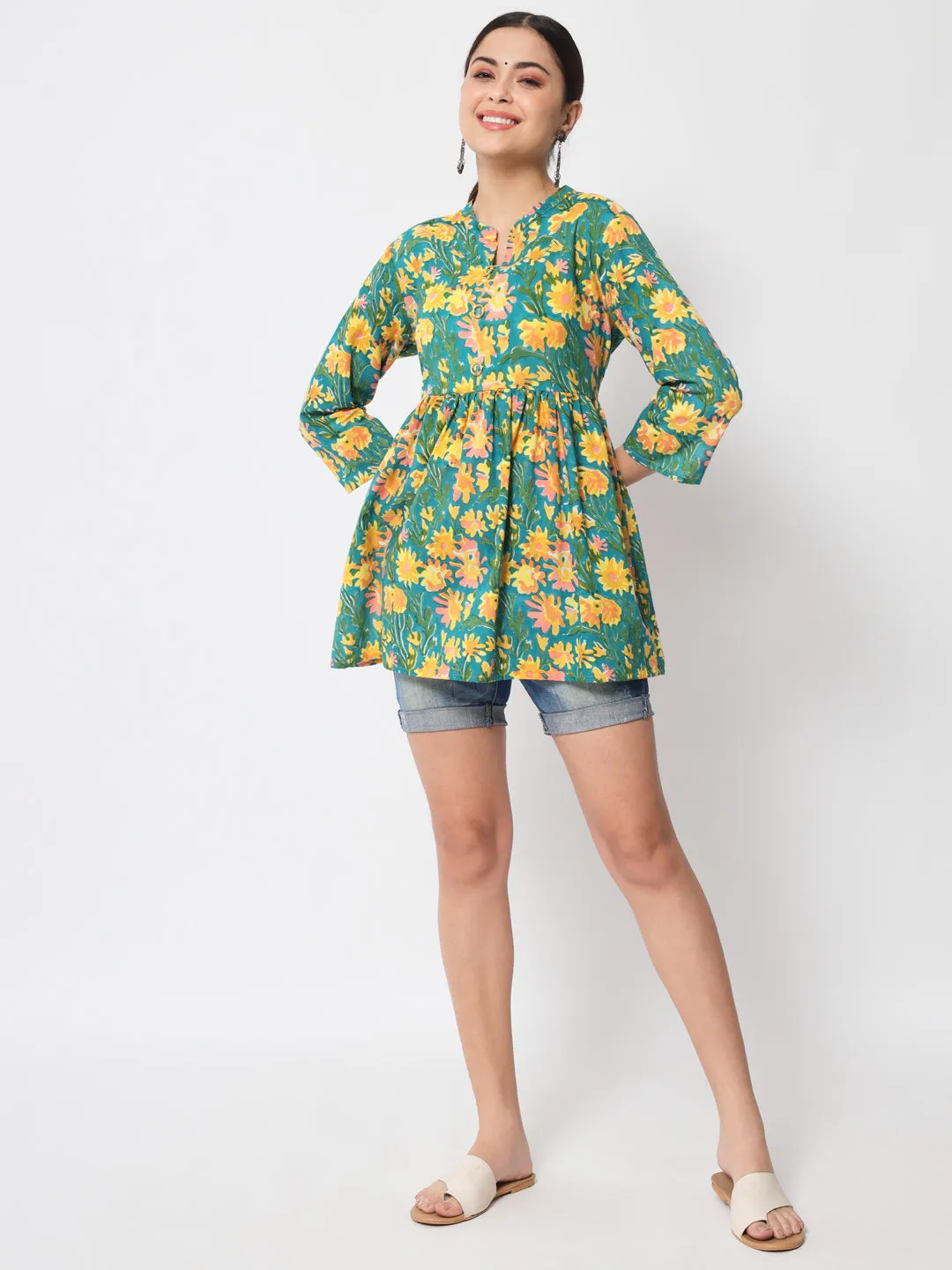 Jaipurite Green Floral Printed Tunic in Cotton