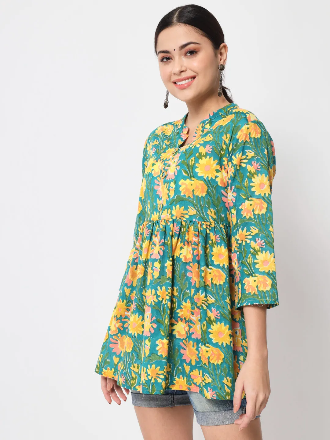 Jaipurite Green Floral Printed Tunic in Cotton