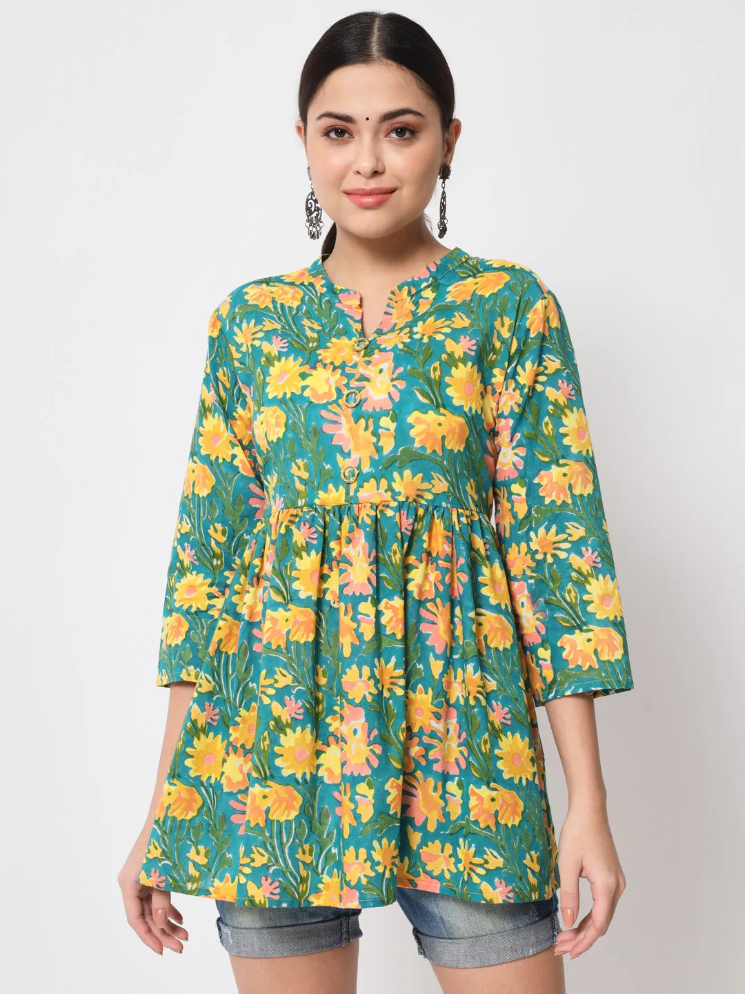 Jaipurite Green Floral Printed Tunic in Cotton