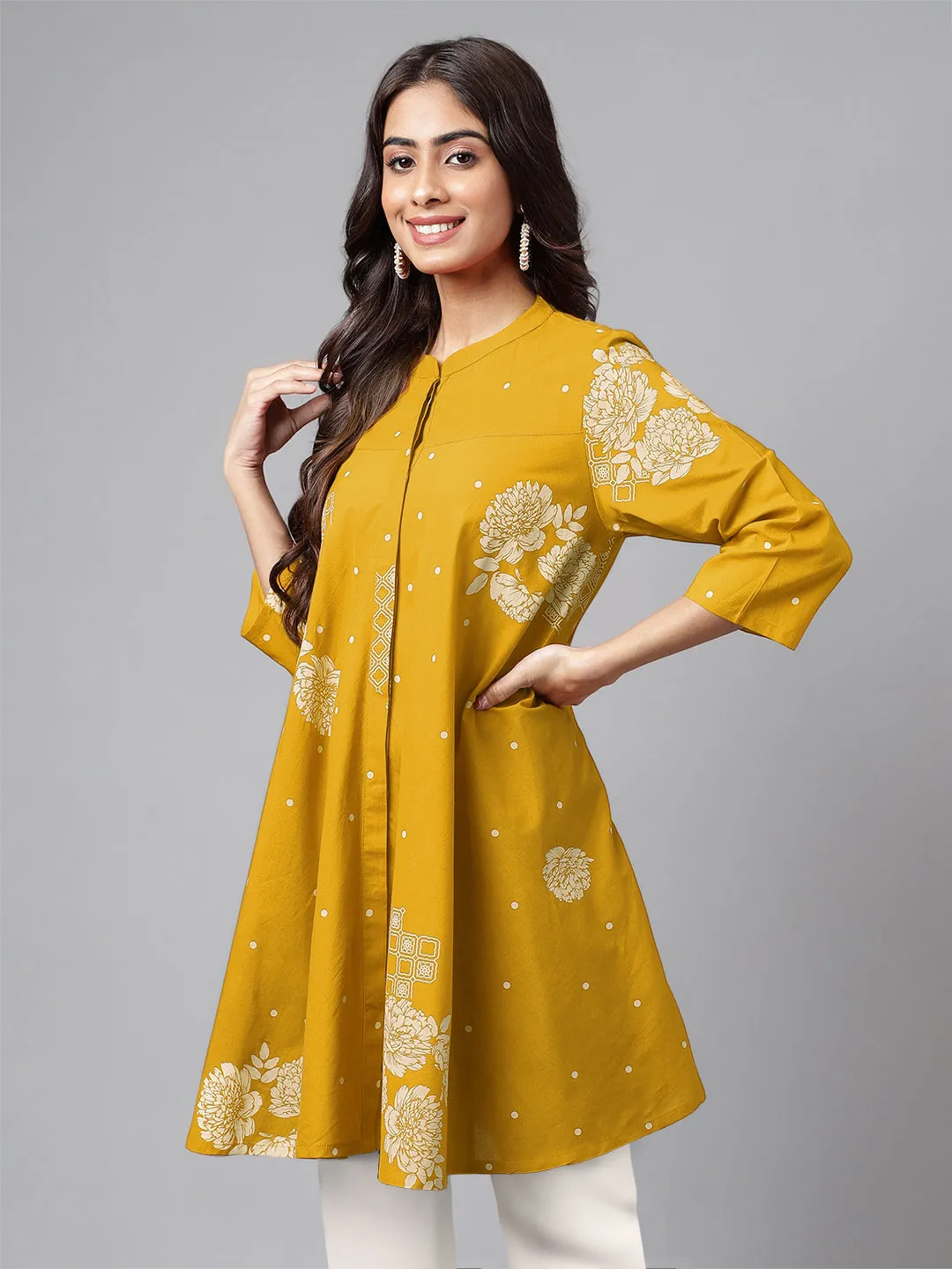 Janasya Mustard Floral Printed Cotton Tunic