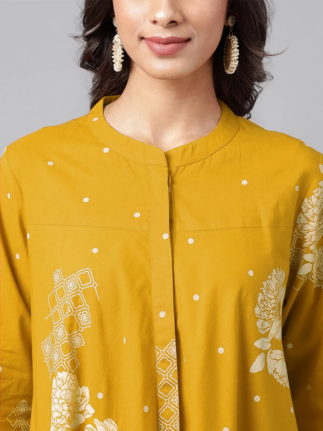 Janasya Mustard Floral Printed Cotton Tunic