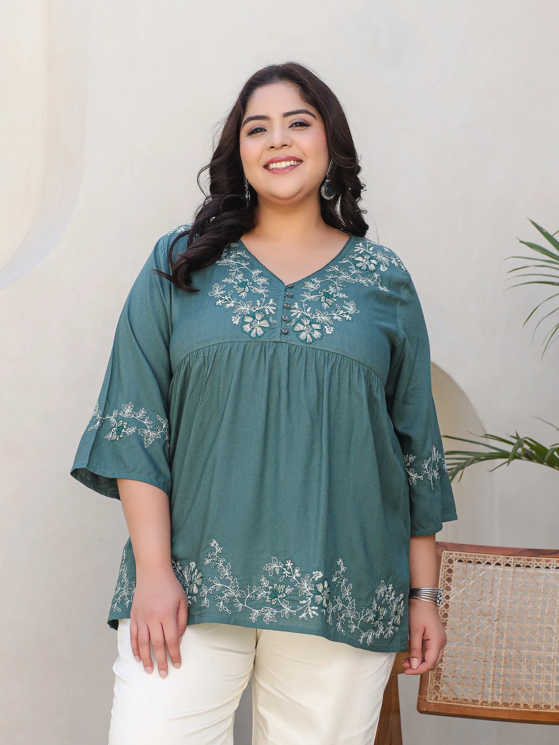 Juniper Green Modal Rayon Floral Embroidered Alia Cut Plus Size Tunic