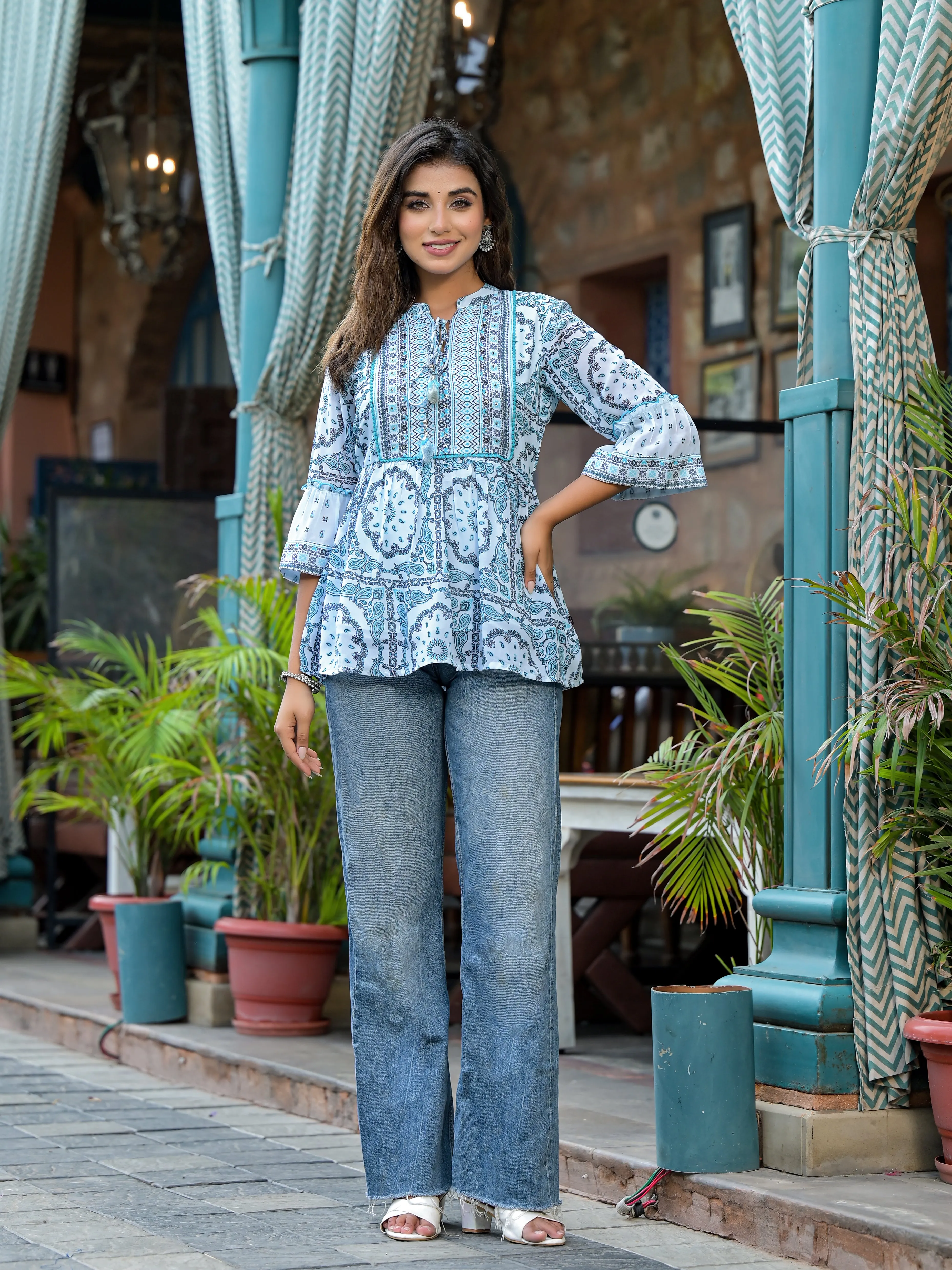 Juniper Sky Blue Ethnic Motif Printed Georgette Lacy Tunic With Tassels & Sequins