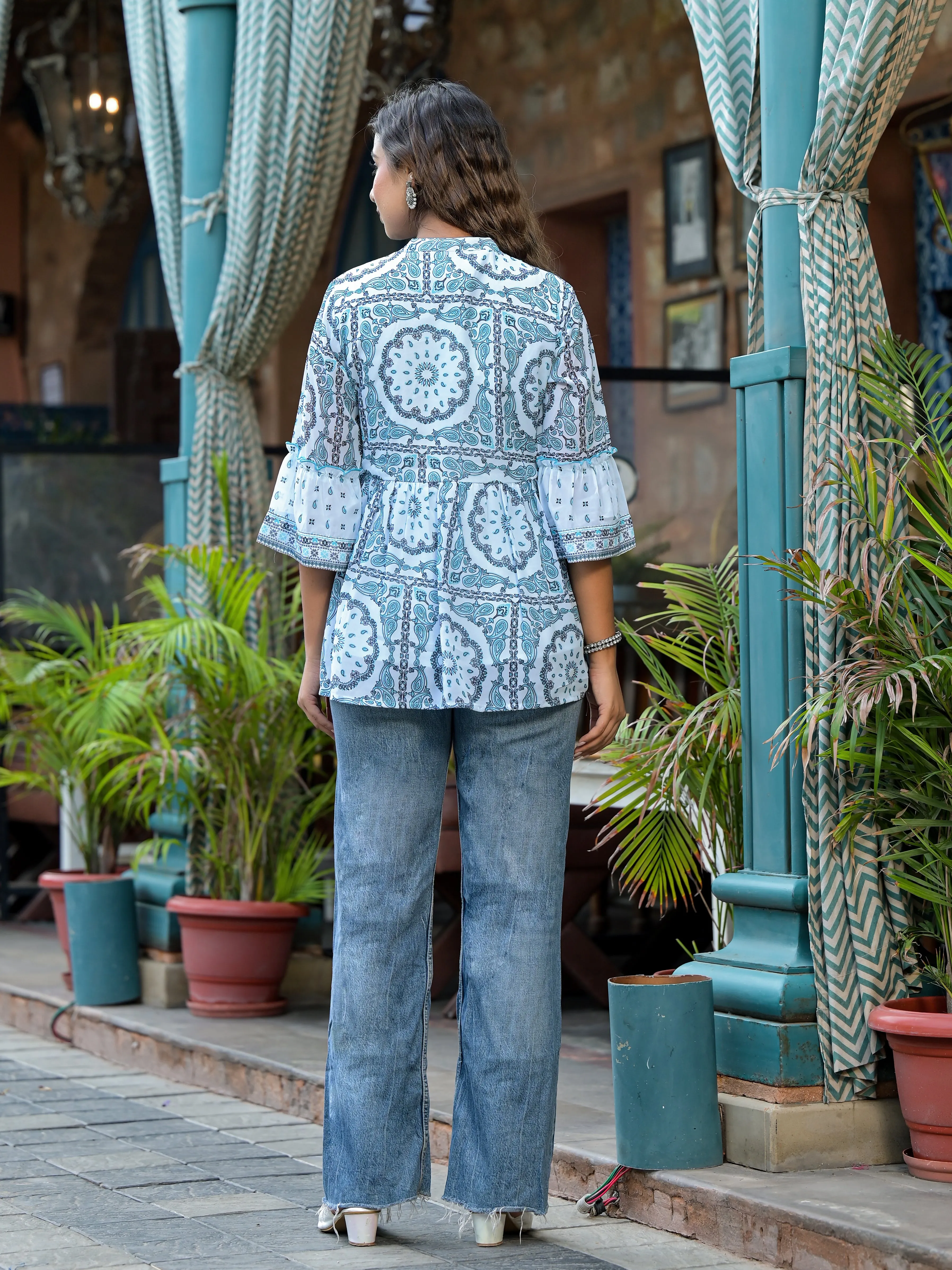 Juniper Sky Blue Ethnic Motif Printed Georgette Lacy Tunic With Tassels & Sequins