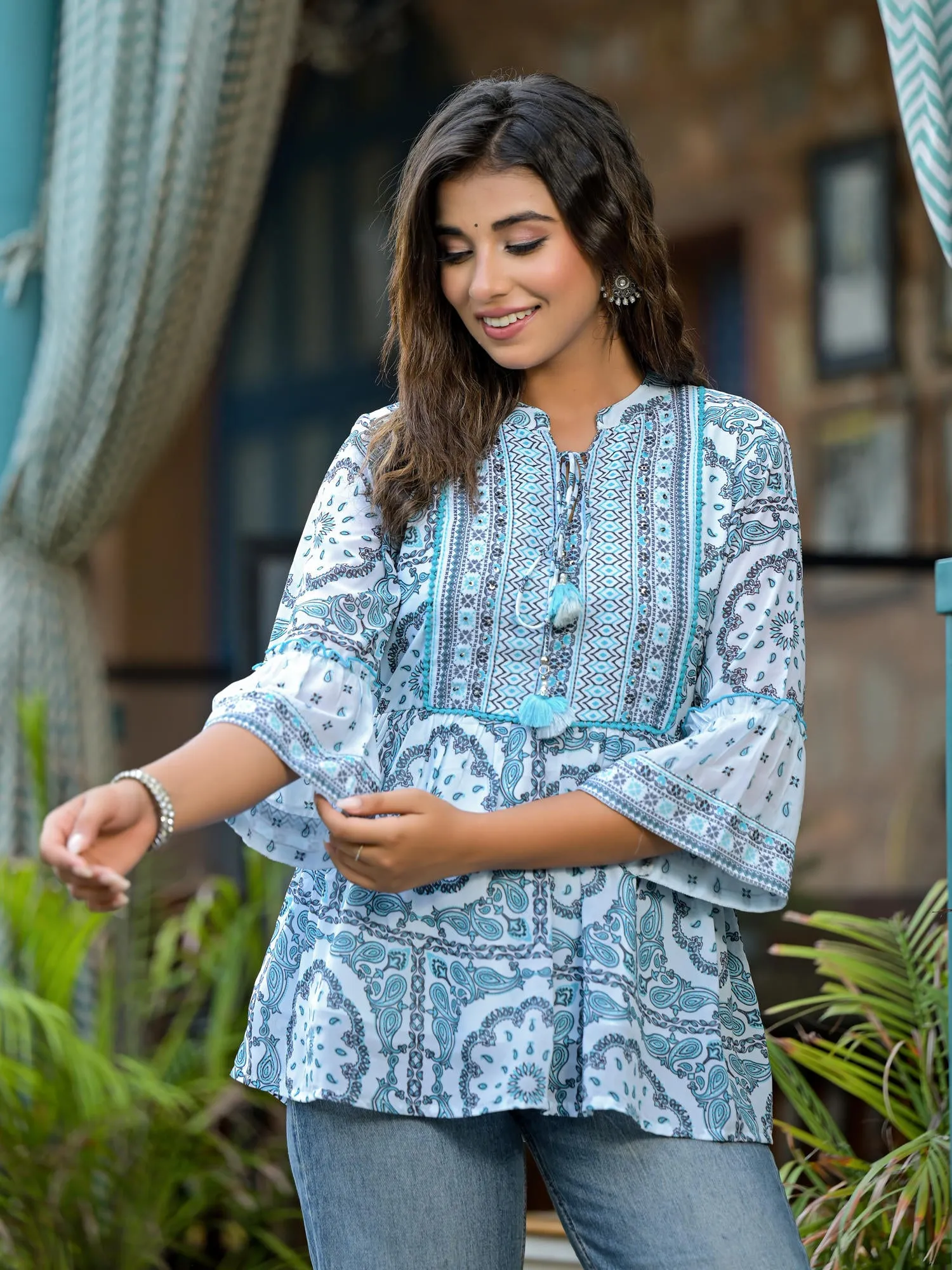 Juniper Sky Blue Ethnic Motif Printed Georgette Lacy Tunic With Tassels & Sequins