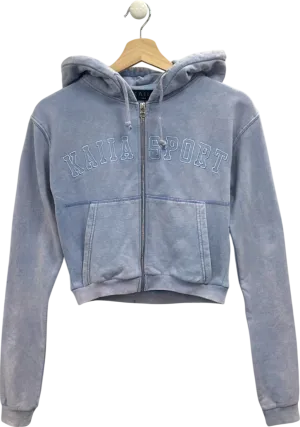 Kaiia Washed Blue Applique Logo Zip Through Crop Hoodie UK 8