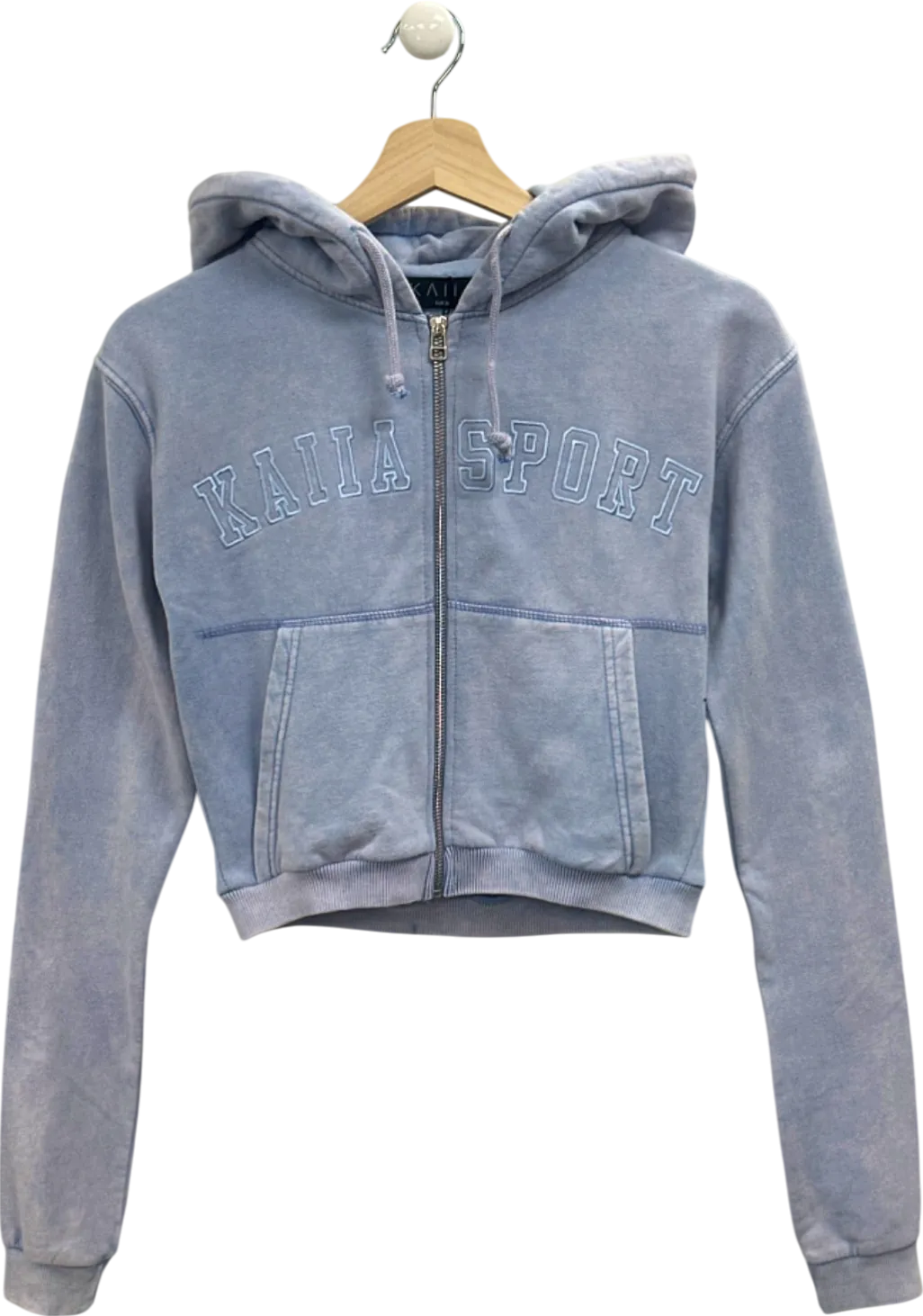 Kaiia Washed Blue Applique Logo Zip Through Crop Hoodie UK 8