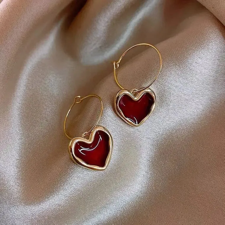 Korean Love Heart Ear Studs Red Heart Vintage Drop Enamel Metal Wholesale New Earring