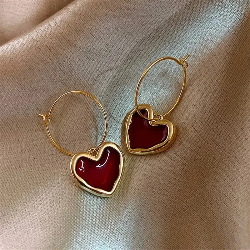 Korean Love Heart Ear Studs Red Heart Vintage Drop Enamel Metal Wholesale New Earring