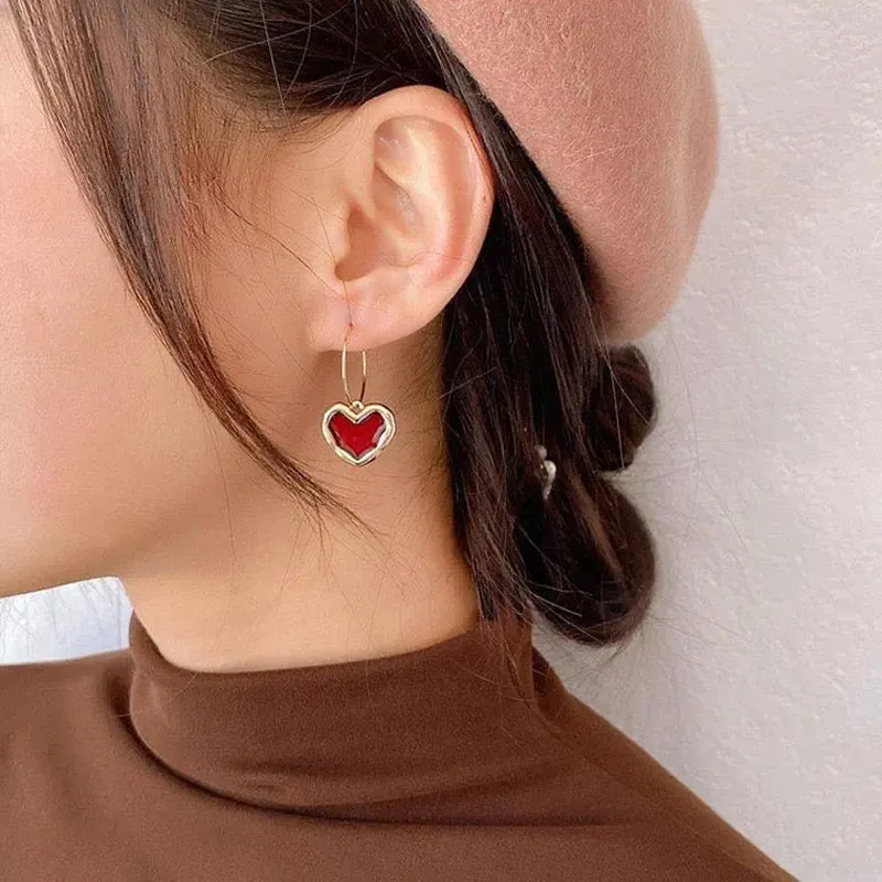 Korean Love Heart Ear Studs Red Heart Vintage Drop Enamel Metal Wholesale New Earring