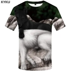 KYKU Brand Wolf T shirt Men Animal Tshirts Print Black And White Tshirt Anime Love T shirts Funny Harajuku T-shirt 3d