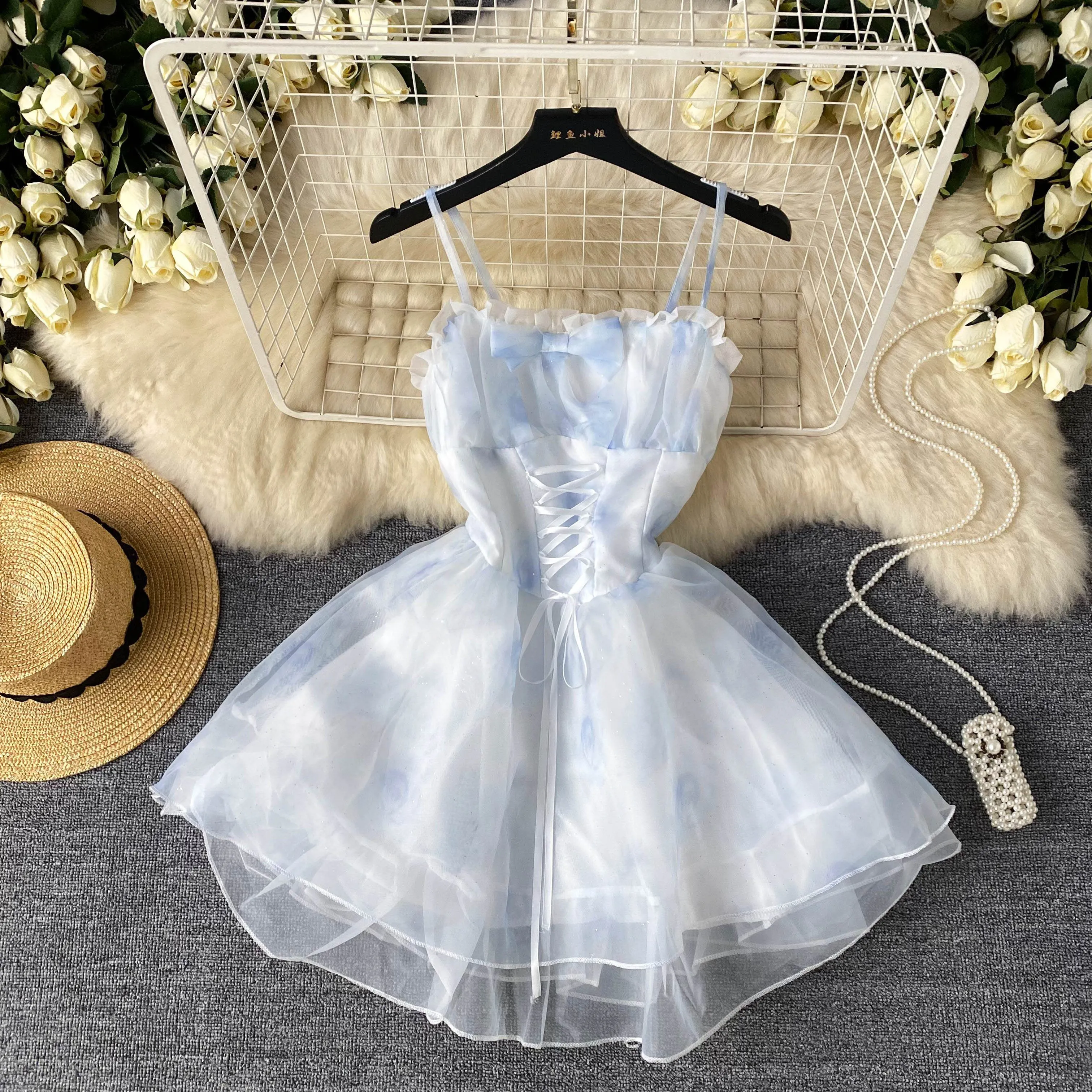 Lace-up Organza Puffy Slip Dress