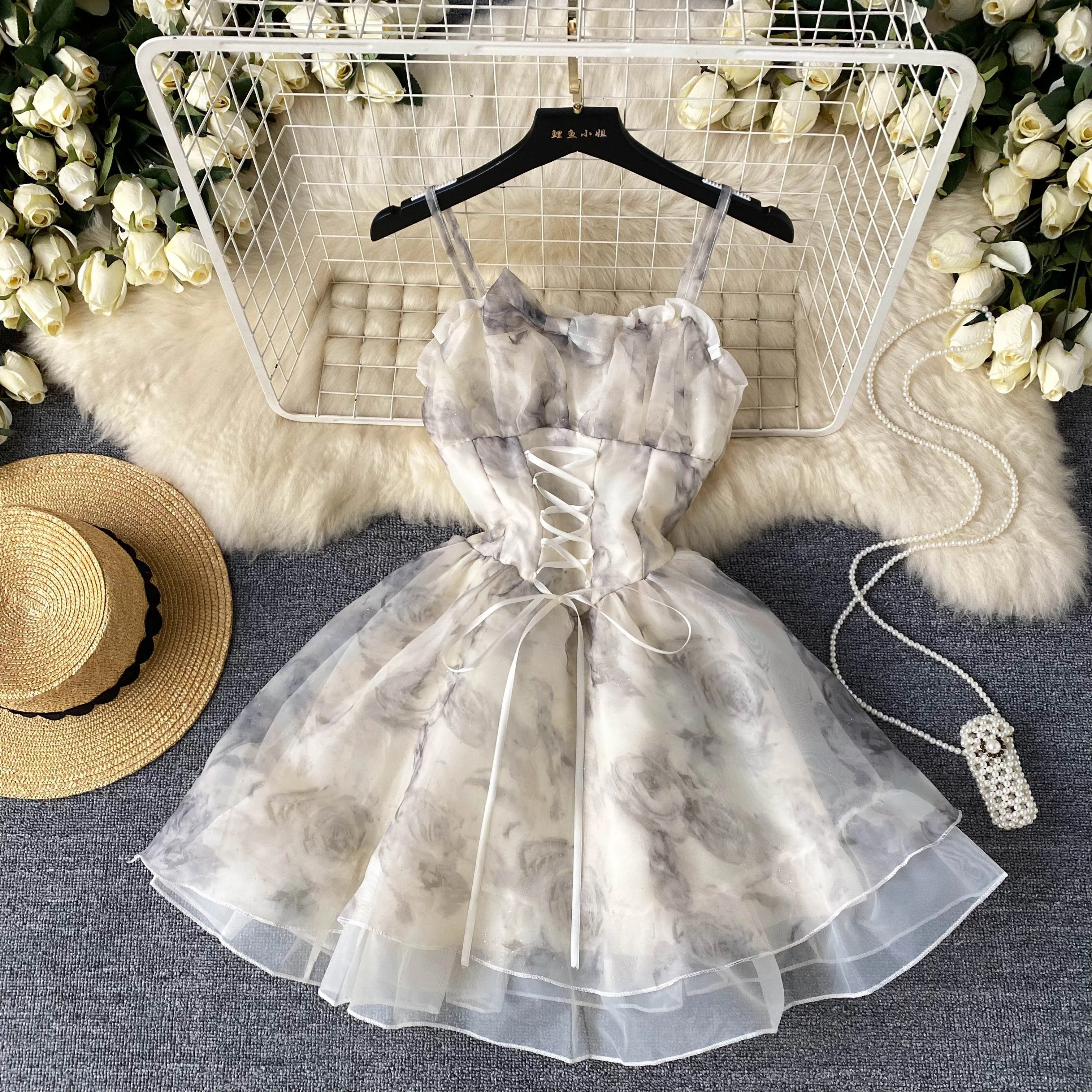 Lace-up Organza Puffy Slip Dress