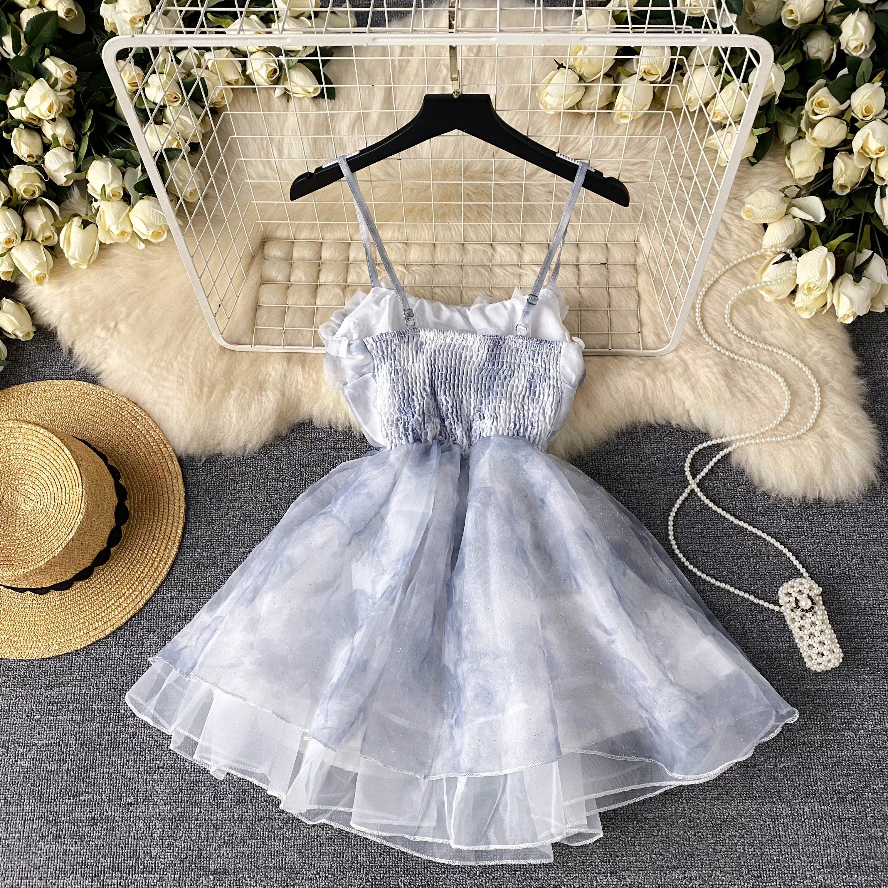 Lace-up Organza Puffy Slip Dress