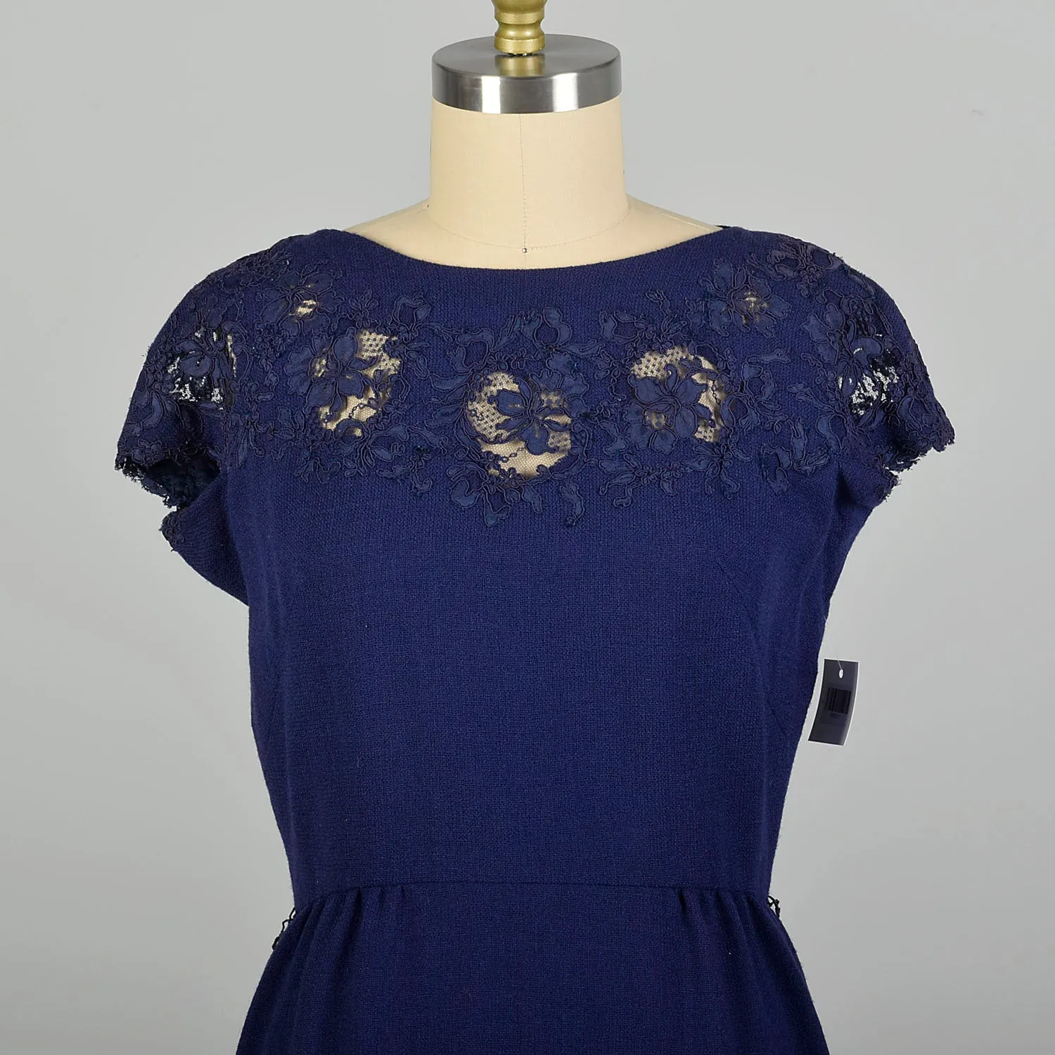 Large 1950s Blue Knit Dress with Lace Neckline Monochrome Harvey Berin