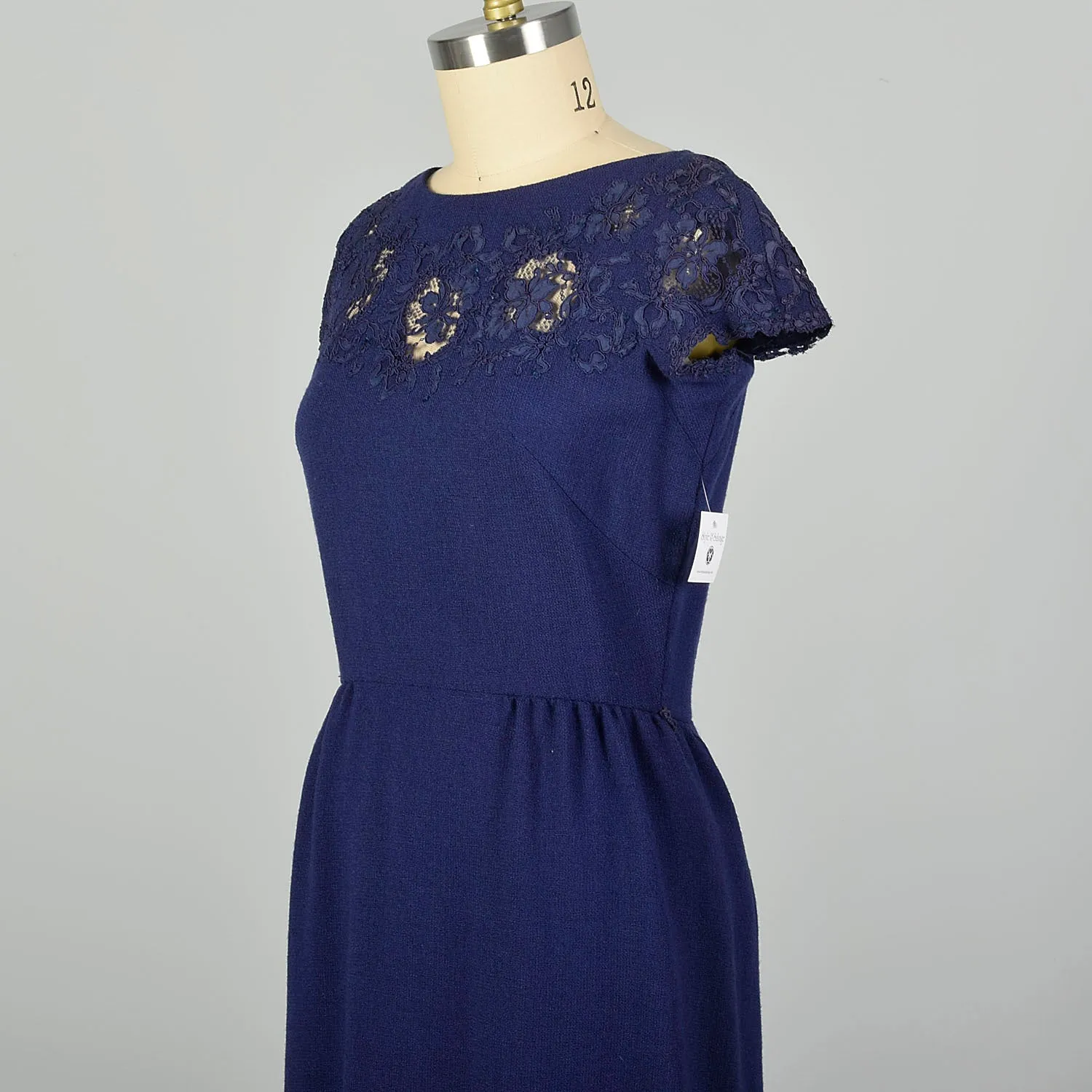 Large 1950s Blue Knit Dress with Lace Neckline Monochrome Harvey Berin