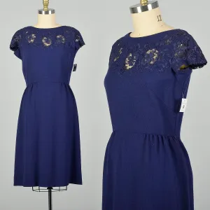 Large 1950s Blue Knit Dress with Lace Neckline Monochrome Harvey Berin