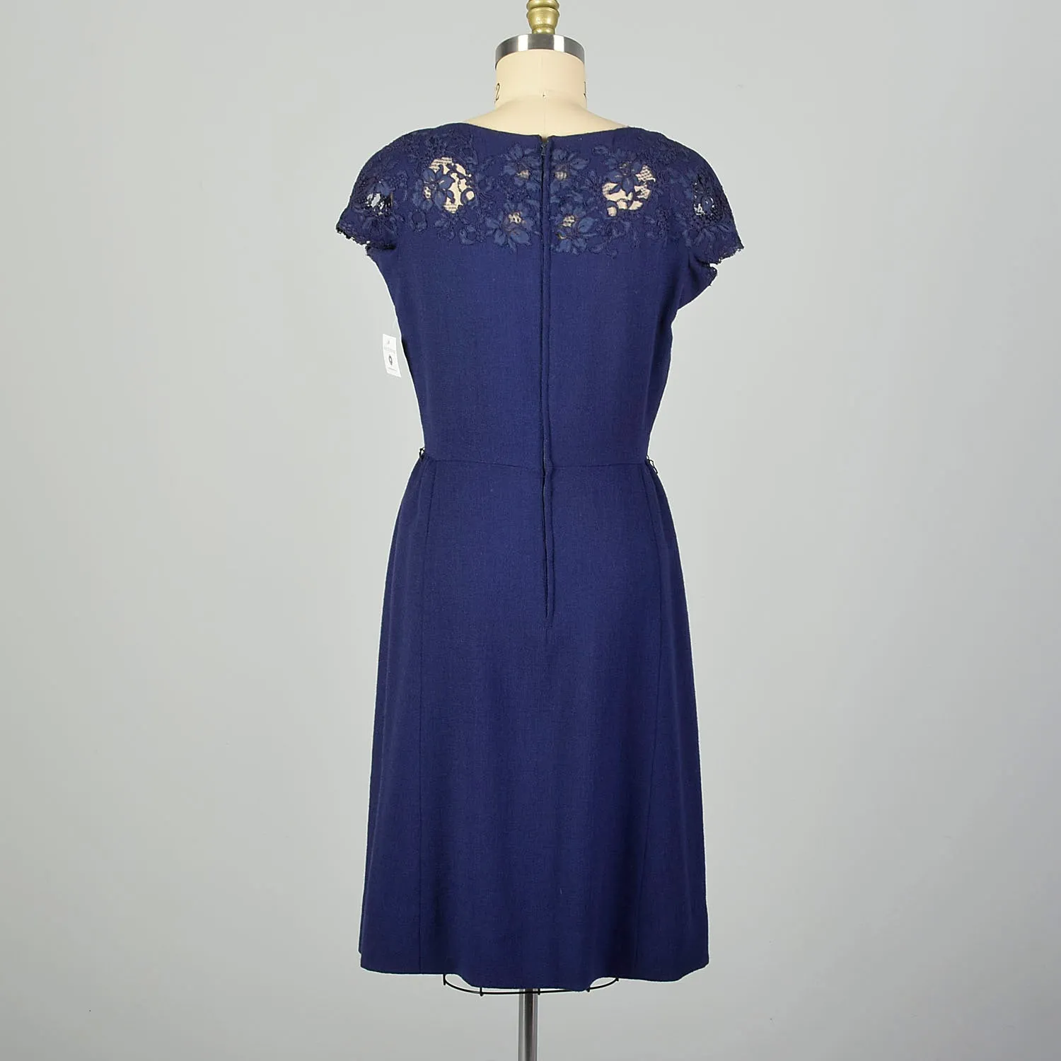 Large 1950s Blue Knit Dress with Lace Neckline Monochrome Harvey Berin