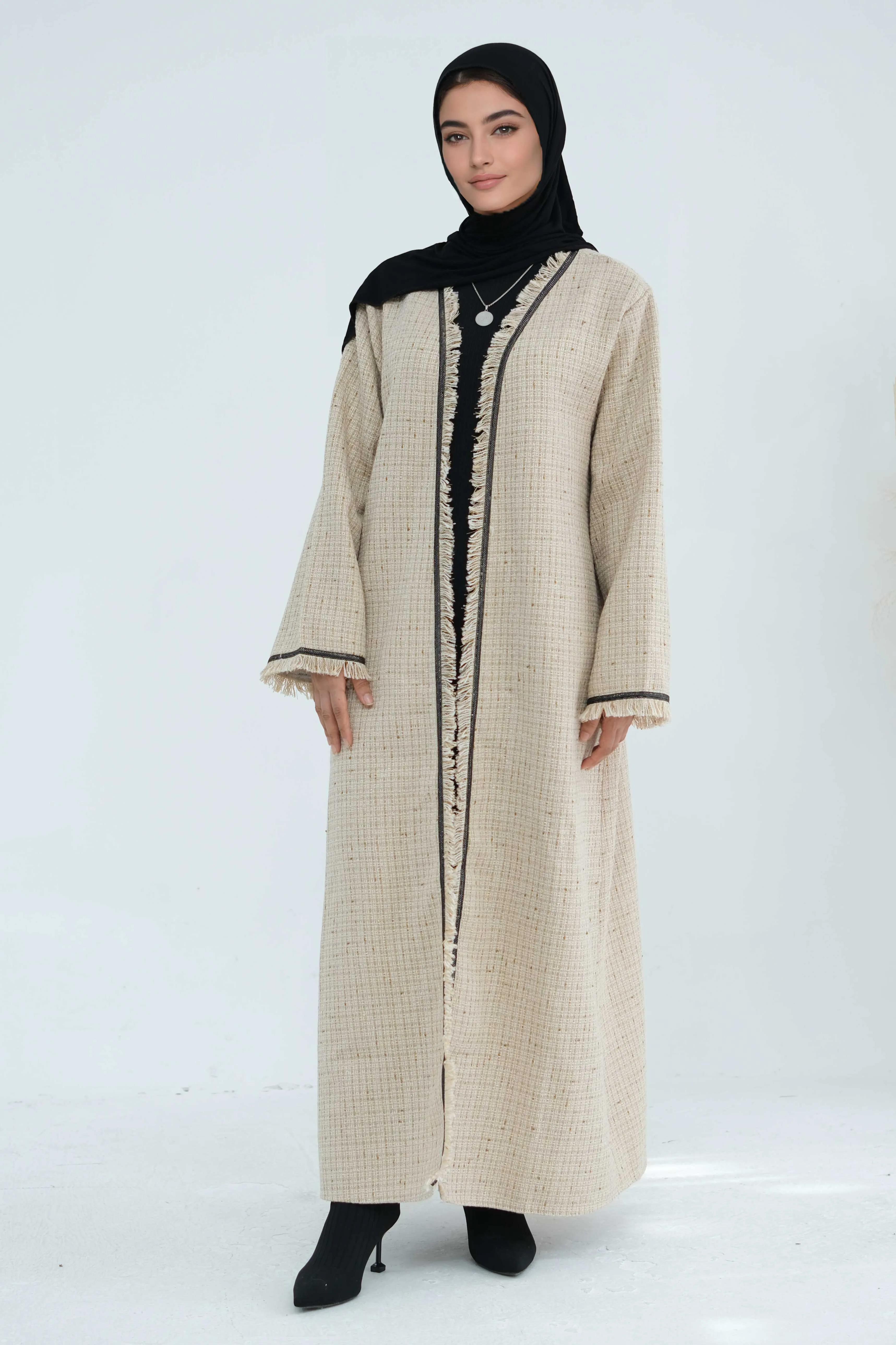 Lina Chic Boucle Open Abaya 908-Khaki