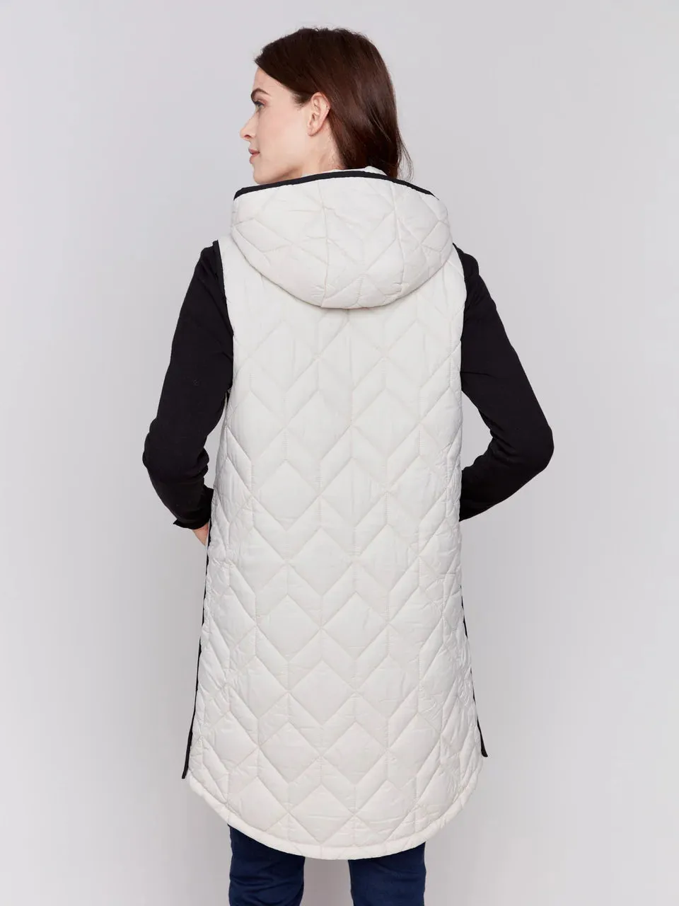 Long Quilted Puffer Vest - Almond