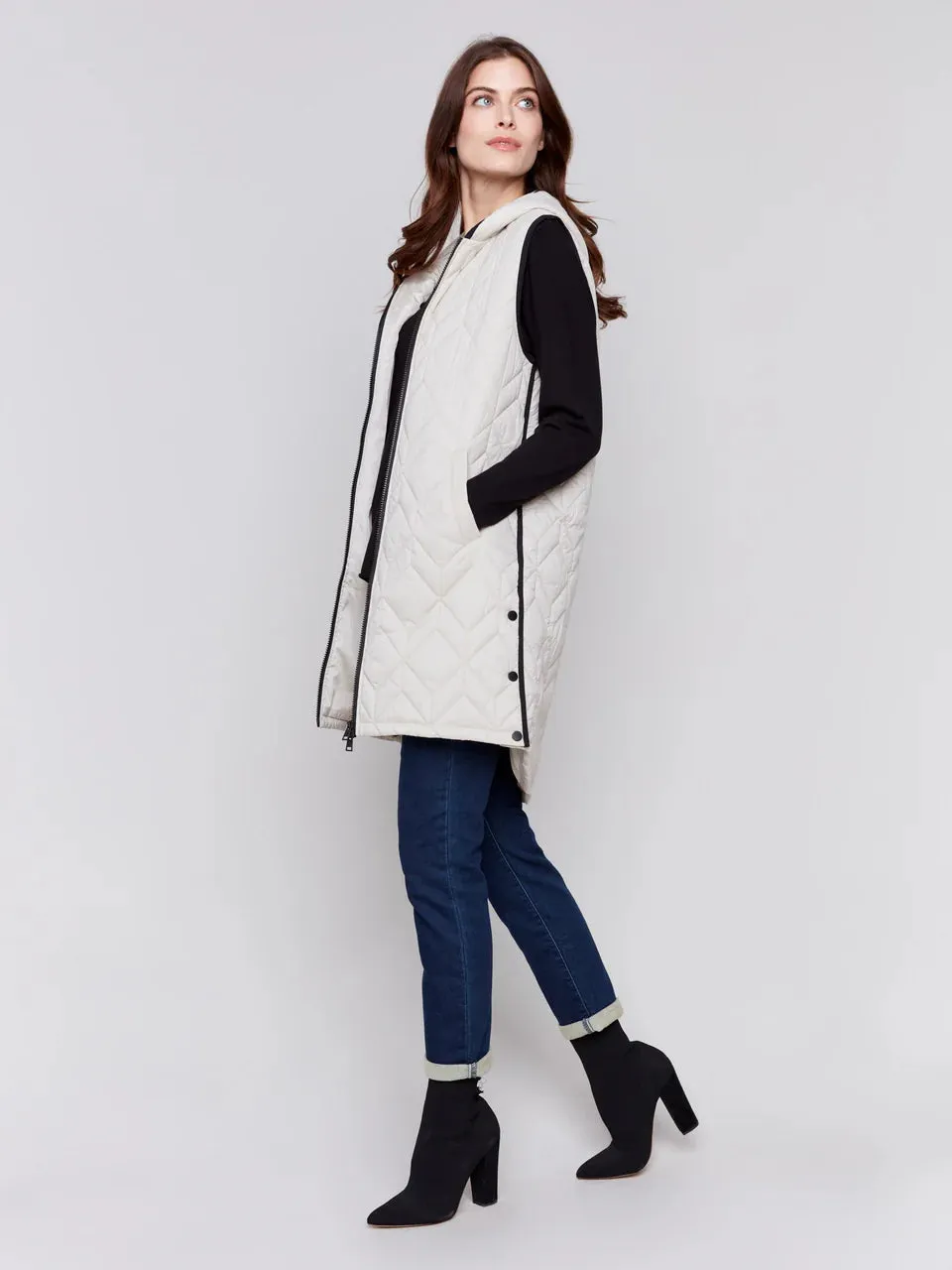 Long Quilted Puffer Vest - Almond