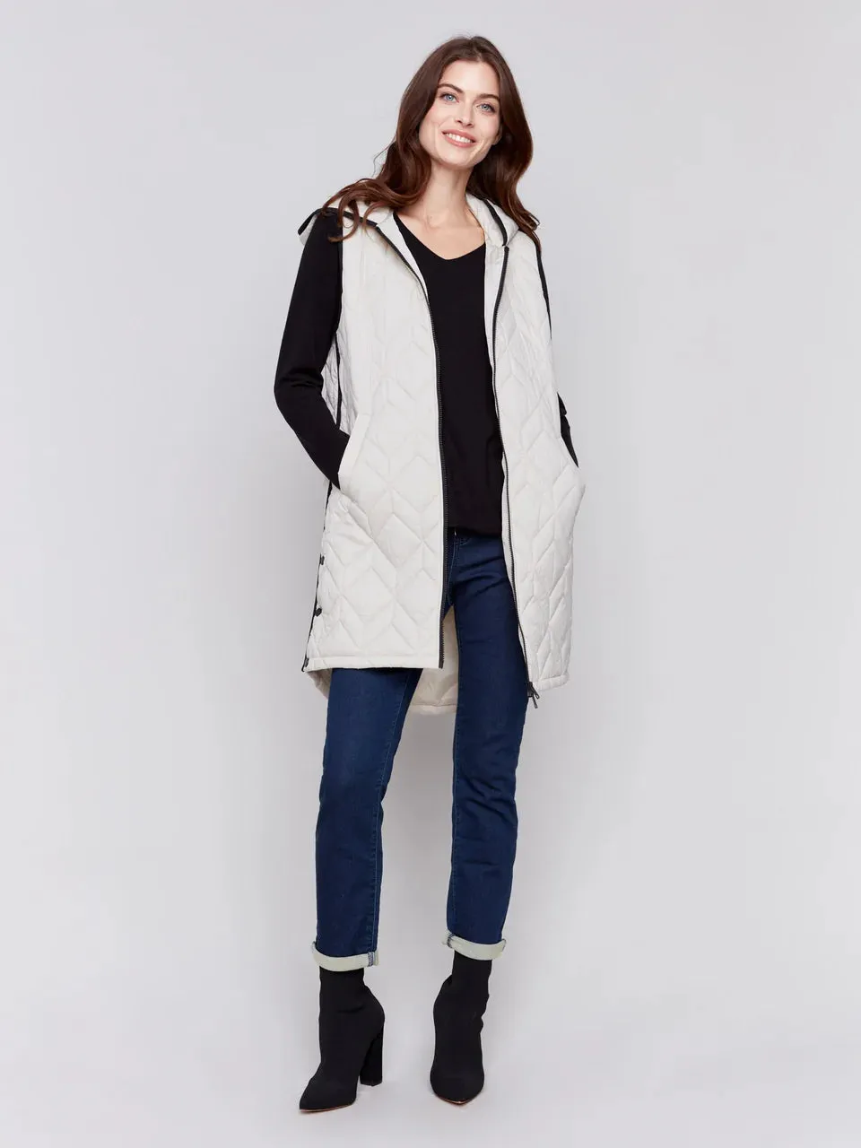 Long Quilted Puffer Vest - Almond