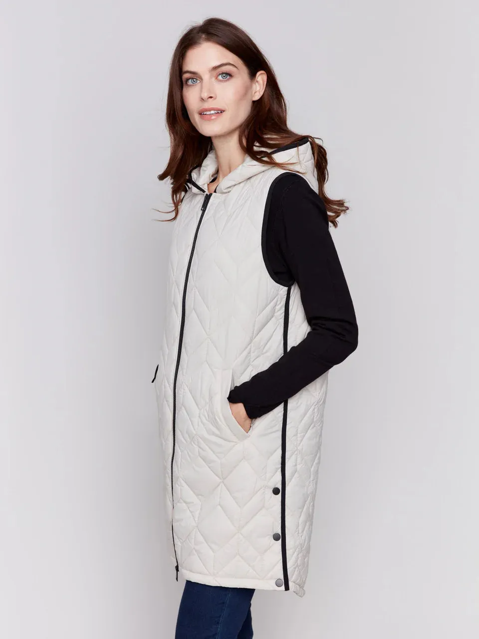 Long Quilted Puffer Vest - Almond