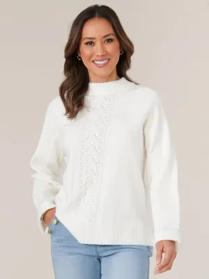 Long Ribbed Sleeve High Round Neck Sweater with Blanket Stitch Detail