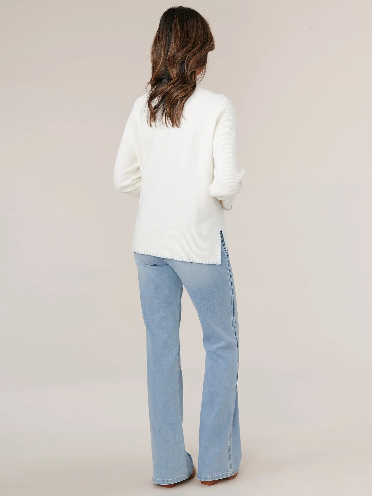 Long Ribbed Sleeve High Round Neck Sweater with Blanket Stitch Detail