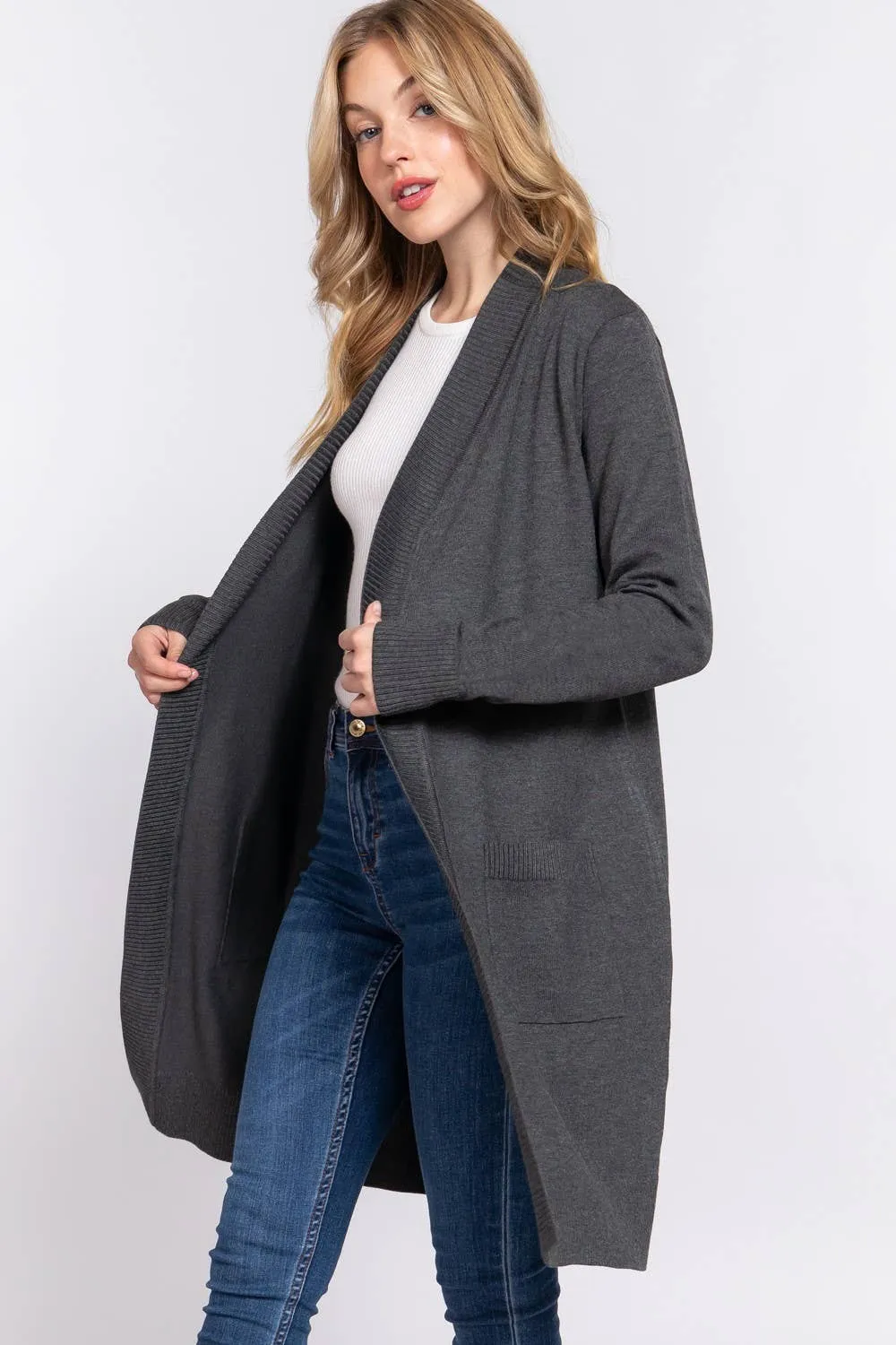 Long Sleeve Rib Banded Open Tunic Sweater Cardigan (black)