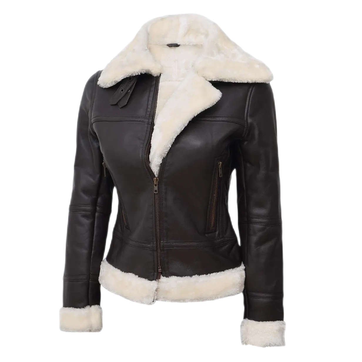 Lucy Women’s Faux Fur Lined Leather Bomber Jacket Brown