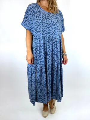 Made in Italy Lagenlook Margo Leopard Print Tunic Top in Denim. 10666