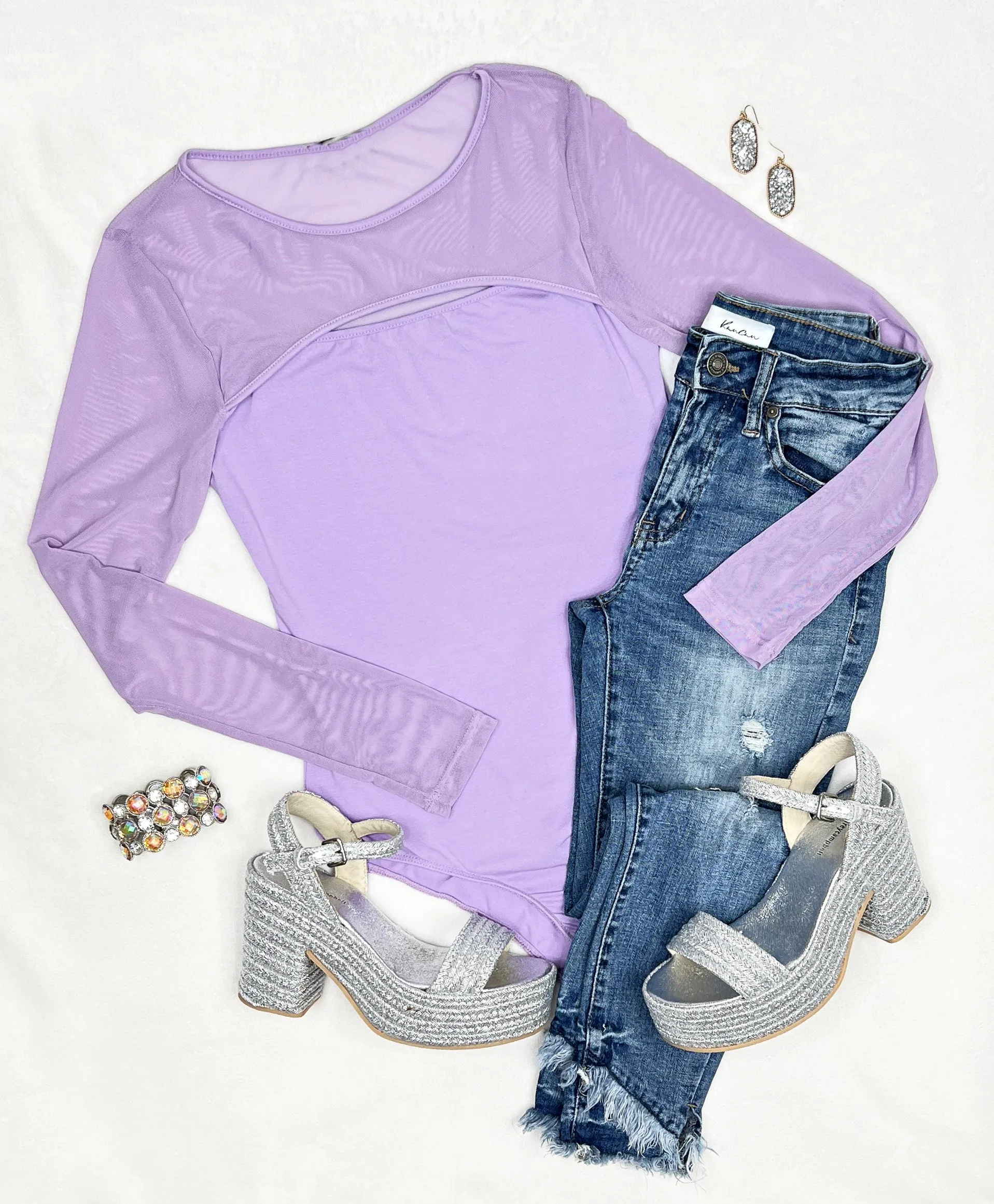 Make It In Mesh Long Sleeve Bodysuit - Lavender
