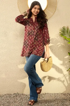 Maroon Cotton Blend Abstract Printed Regular Tunic VT1278MRN