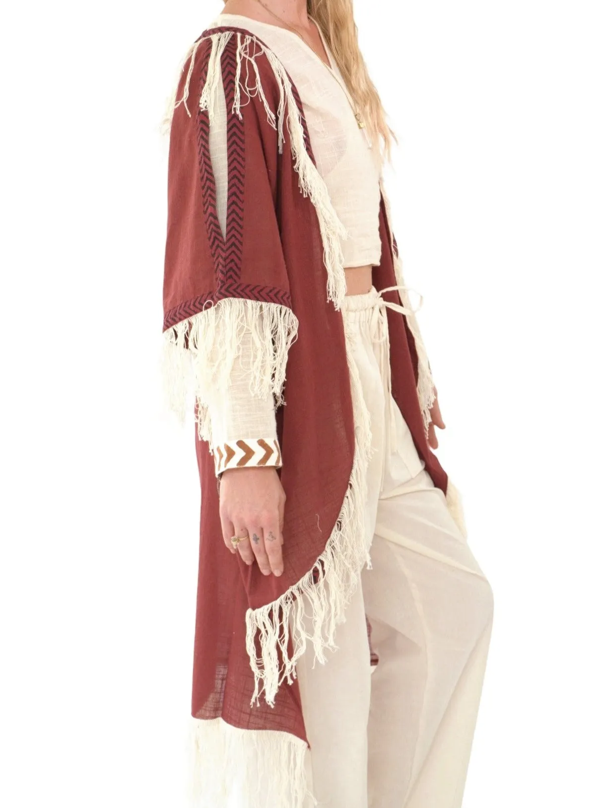 Maroon Organic Cotton Shrug with Fringe