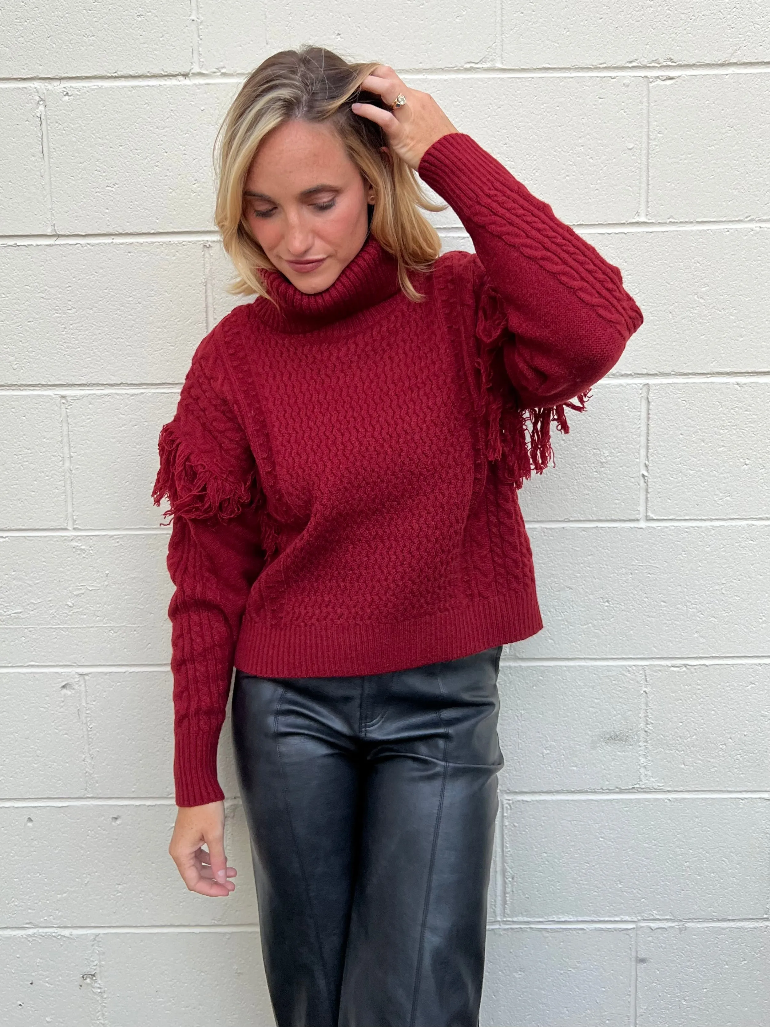 Meet In The Middle Fringe Sleeve Sweater - Crimson