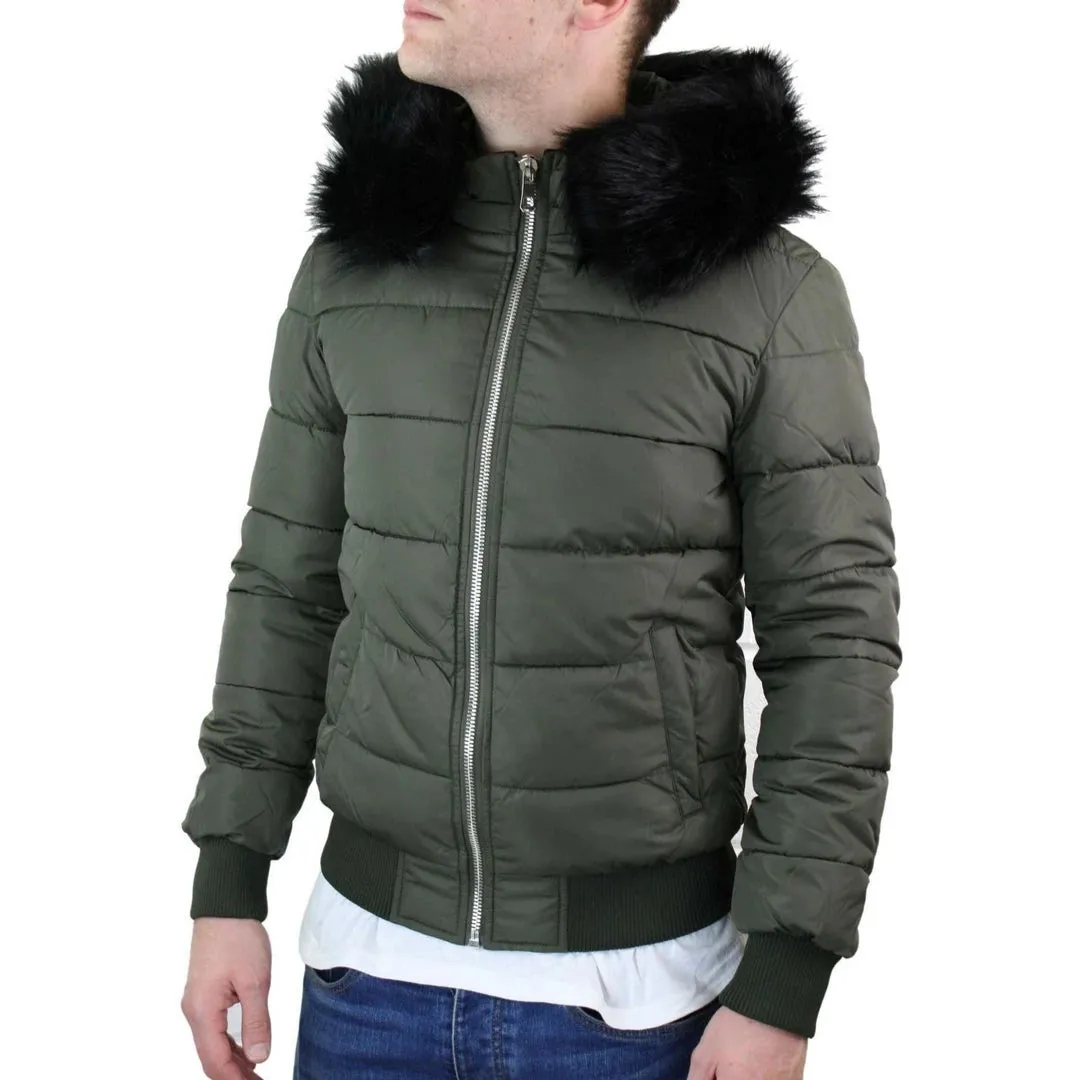 Men's Bomber Puffer Jacket Quilted Warm Winter Removable Fur Hood Pilot