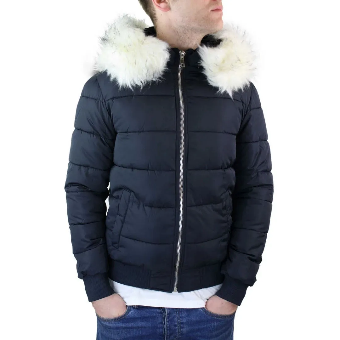 Men's Bomber Puffer Jacket Quilted Warm Winter Removable Fur Hood Pilot