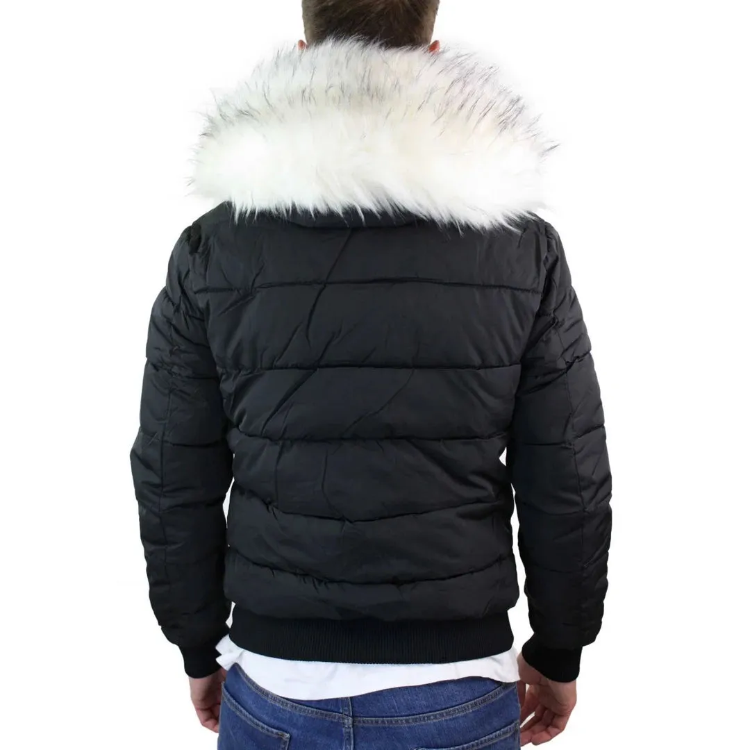 Men's Bomber Puffer Jacket Quilted Warm Winter Removable Fur Hood Pilot