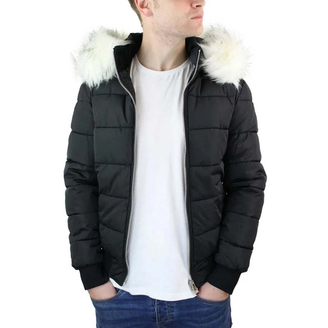 Men's Bomber Puffer Jacket Quilted Warm Winter Removable Fur Hood Pilot