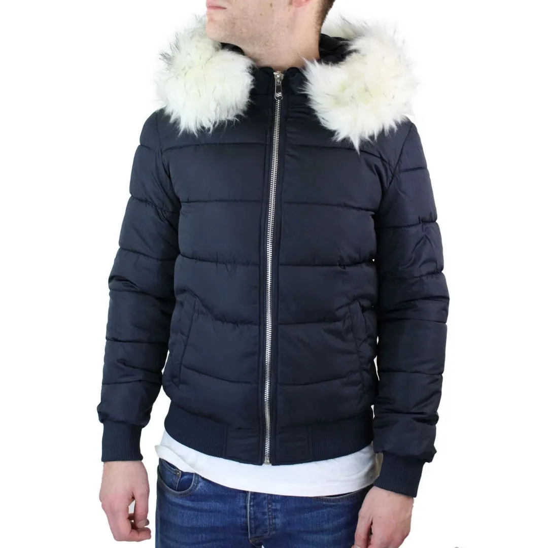 Men's Bomber Puffer Jacket Quilted Warm Winter Removable Fur Hood Pilot