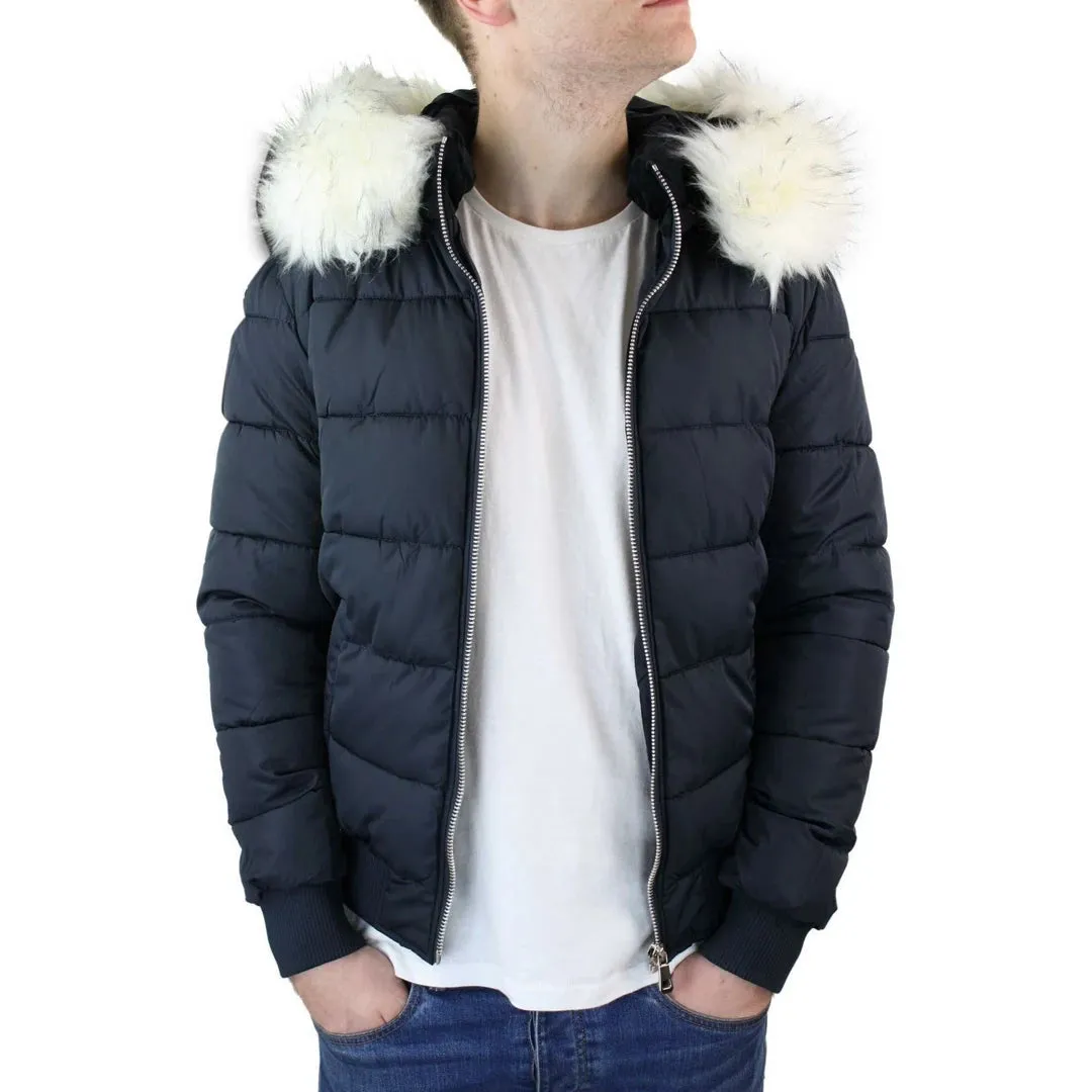 Men's Bomber Puffer Jacket Quilted Warm Winter Removable Fur Hood Pilot