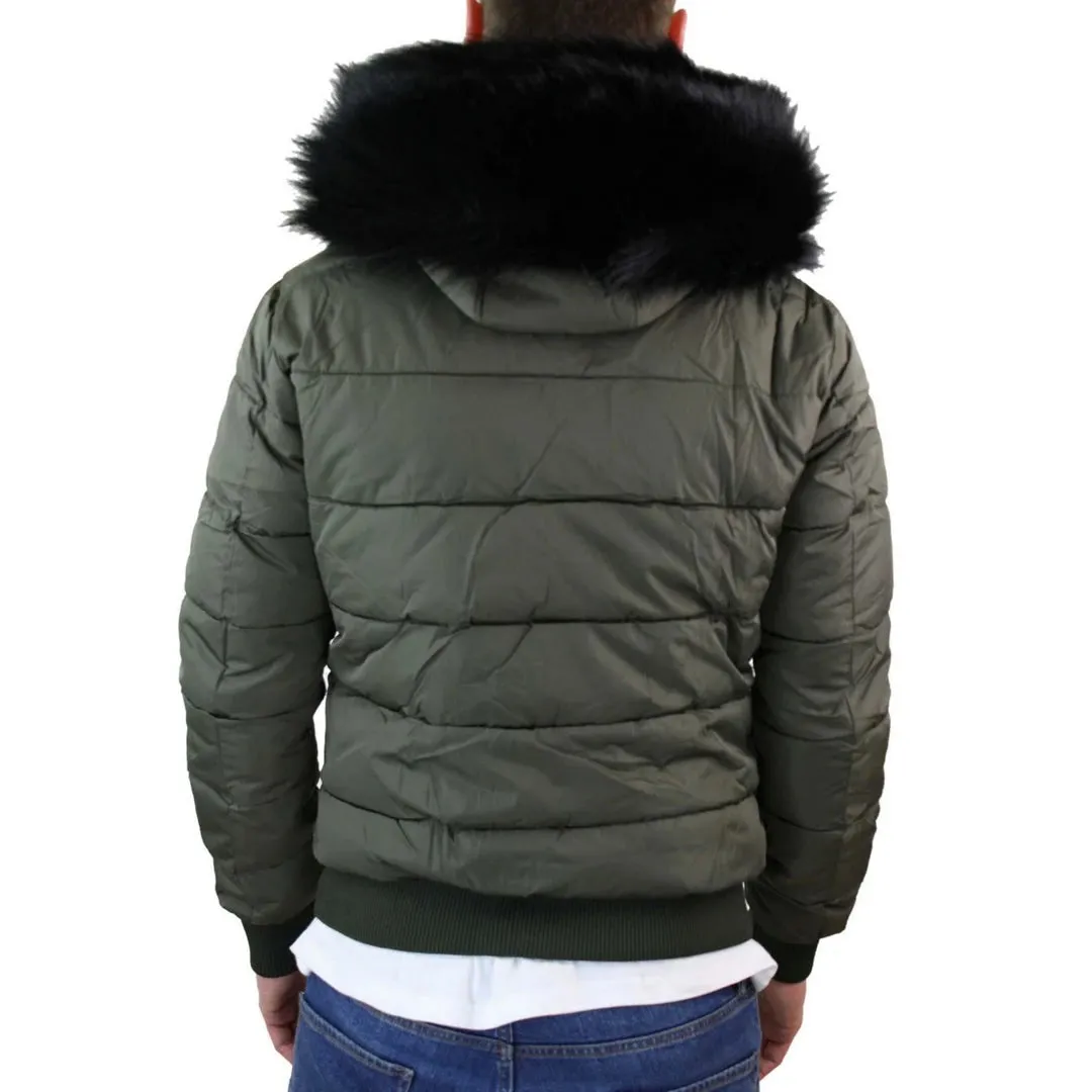 Men's Bomber Puffer Jacket Quilted Warm Winter Removable Fur Hood Pilot