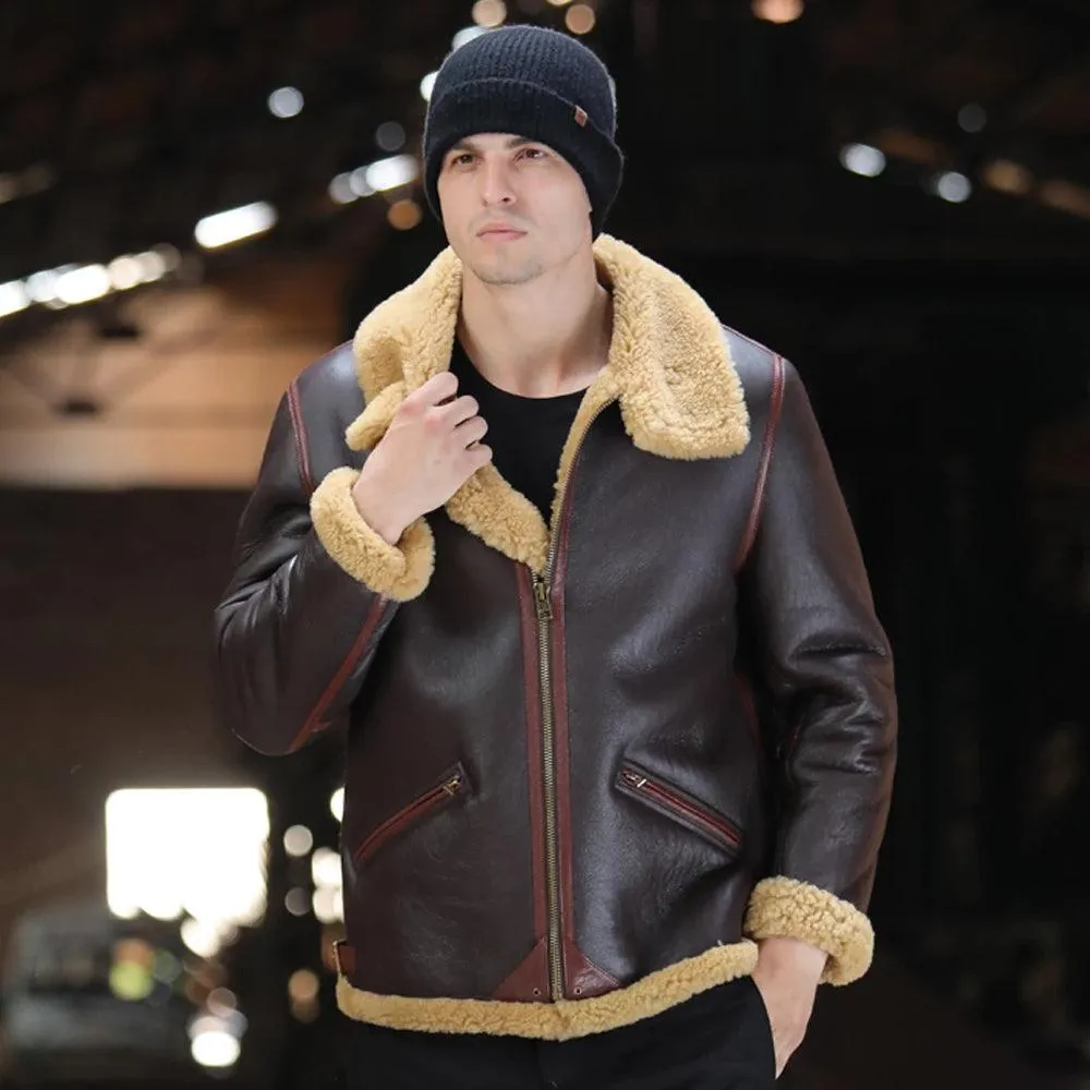 Men's Brown B3 Shearling Leather Bomber Sheepskin Jacket Coat