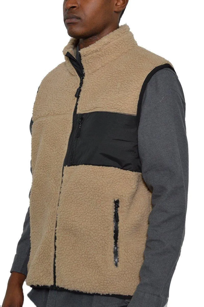 Mens Brown Sherpa Fleece Vest Jacket