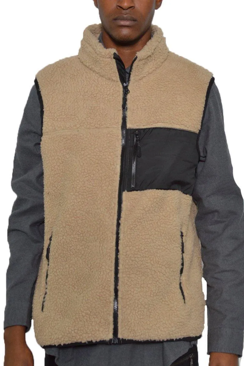 Mens Brown Sherpa Fleece Vest Jacket