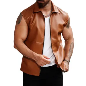 Men's Fashion Casual Solid Color Lapel Leather Vest 72332564Y