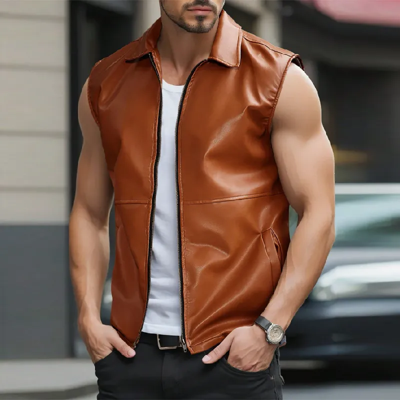 Men's Fashion Casual Solid Color Lapel Leather Vest 72332564Y