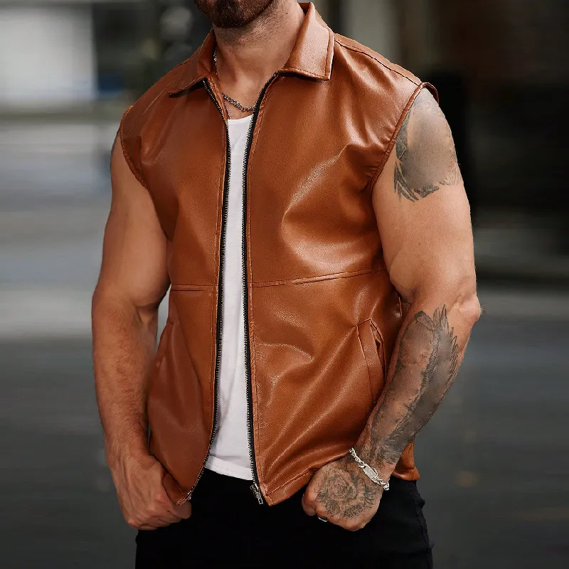 Men's Fashion Casual Solid Color Lapel Leather Vest 72332564Y