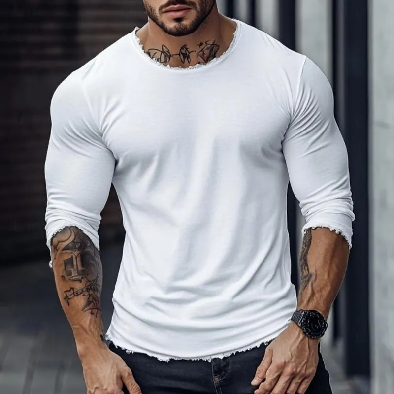 Men's Fashion Raw Edge Round Neck Slim Fit Long Sleeve T-Shirt 99127928Y